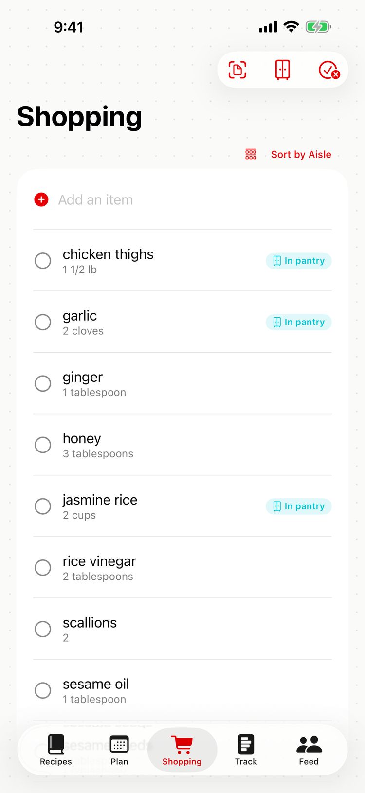 A shopping list with pantry badges