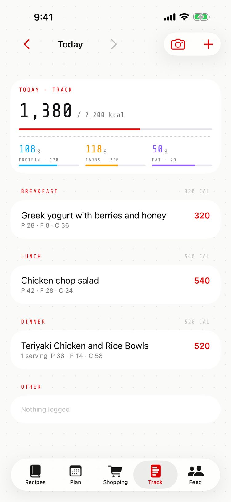A day of meals tracked against a calorie goal